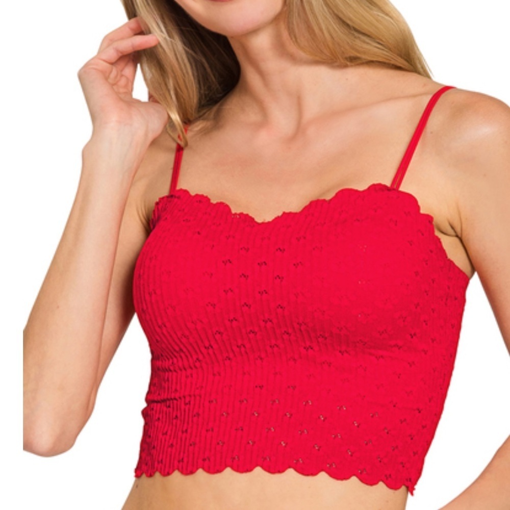 Zenana Seamless Lace Scalloped Crop Top Brami Bra Pads Red Small